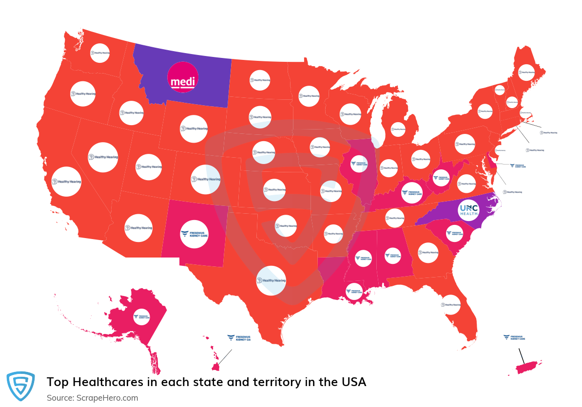 Map of top healthcares in each state and territory in the United States in 2024