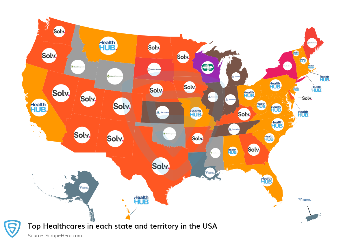 Map of top healthcares in each state and territory in the United States in 2024