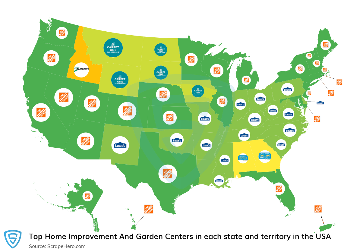 Map of top home improvement and garden centers in each state and territory in the United States in 2025