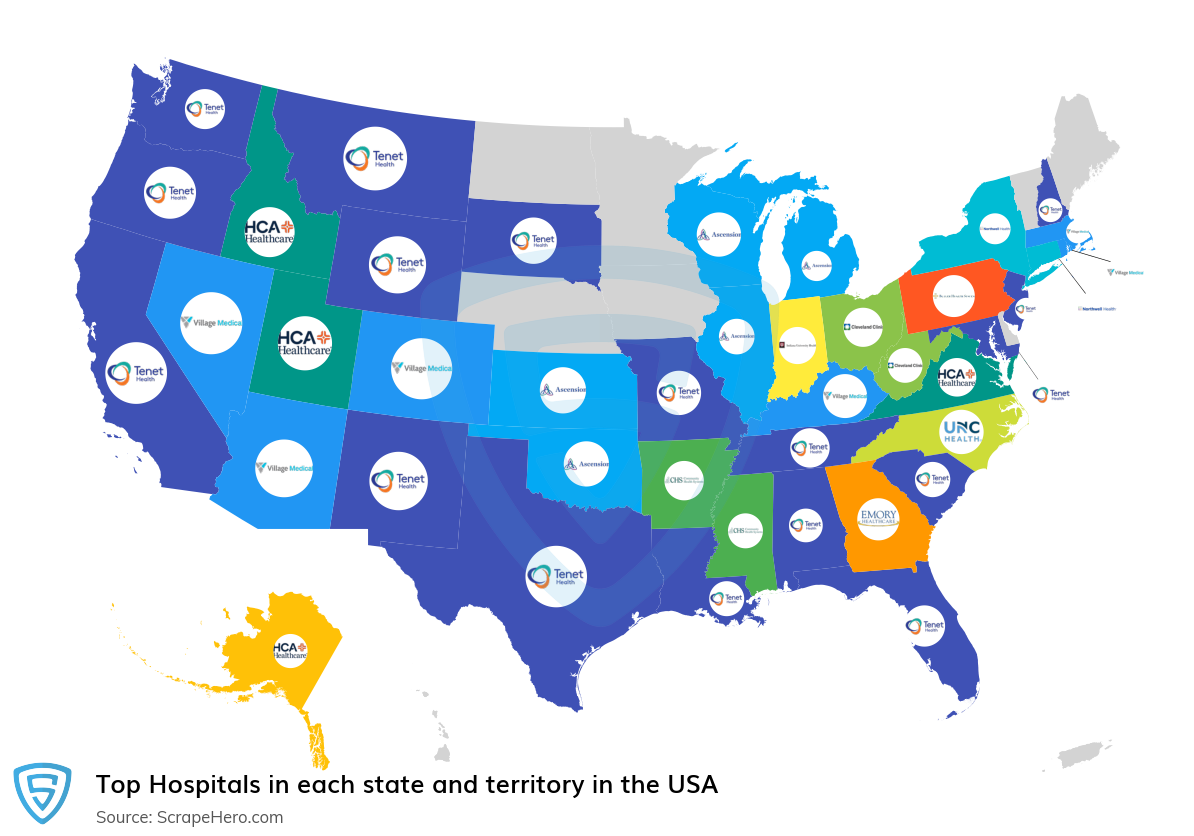 Map of largest hospitals in each state and territory in the United States in 2025