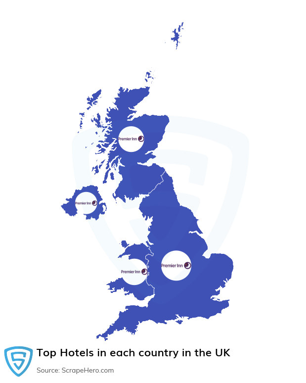 Map of top hotels in each country in the United Kingdom in 2025