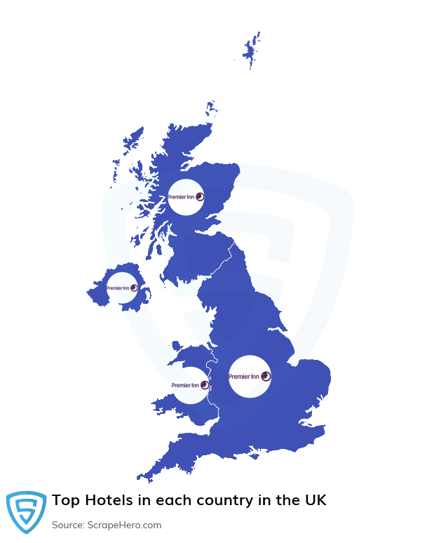 Map of largest hotels in each country in the United Kingdom in 2023