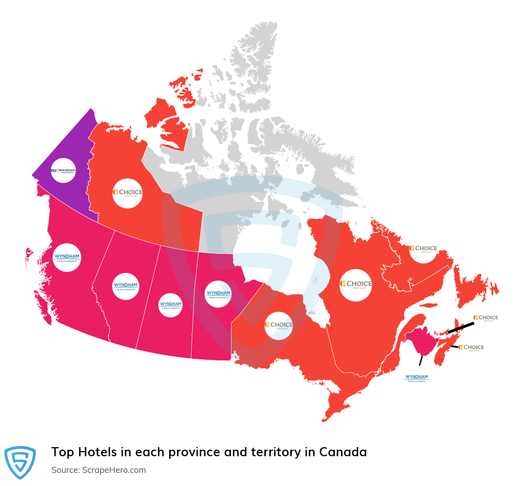 Map of top hotels in each province and territory in Canada in 2024