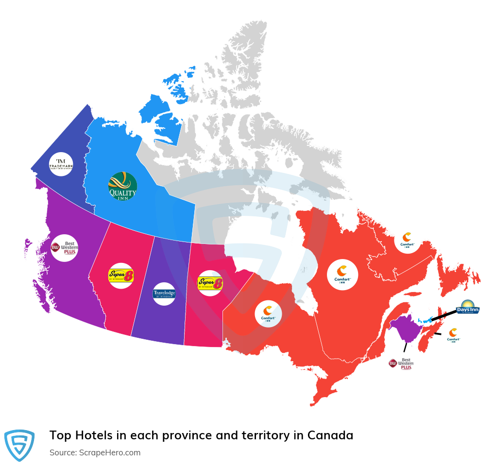 Map of top hotels in each province and territory in Canada in 2025