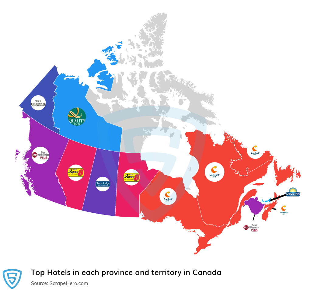 Map of largest hotels in each province and territory in Canada in 2024