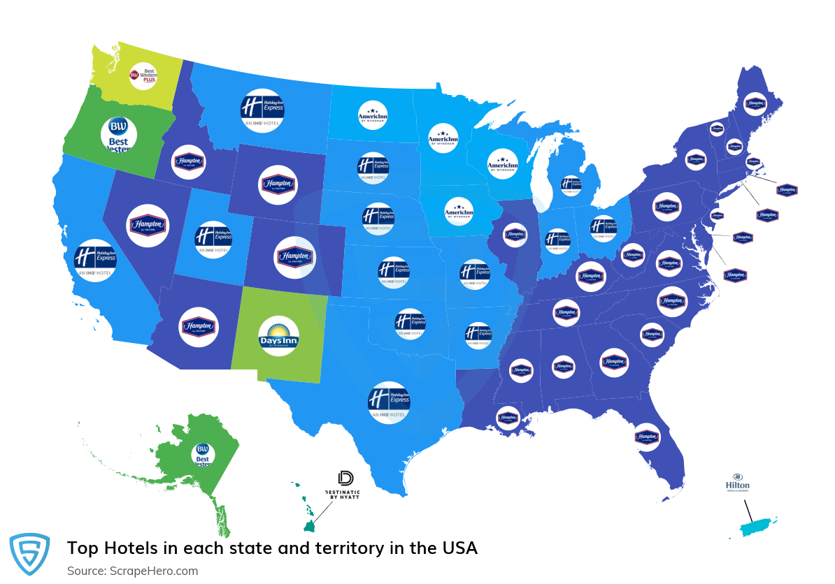 Map of top hotels in each state and territory in the United States in 2024