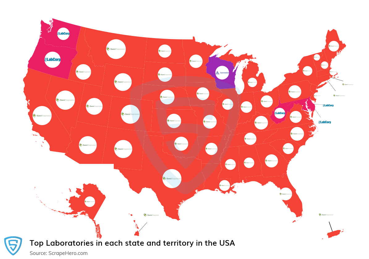 Map of largest laboratories in each state and territory in the United States in 2025