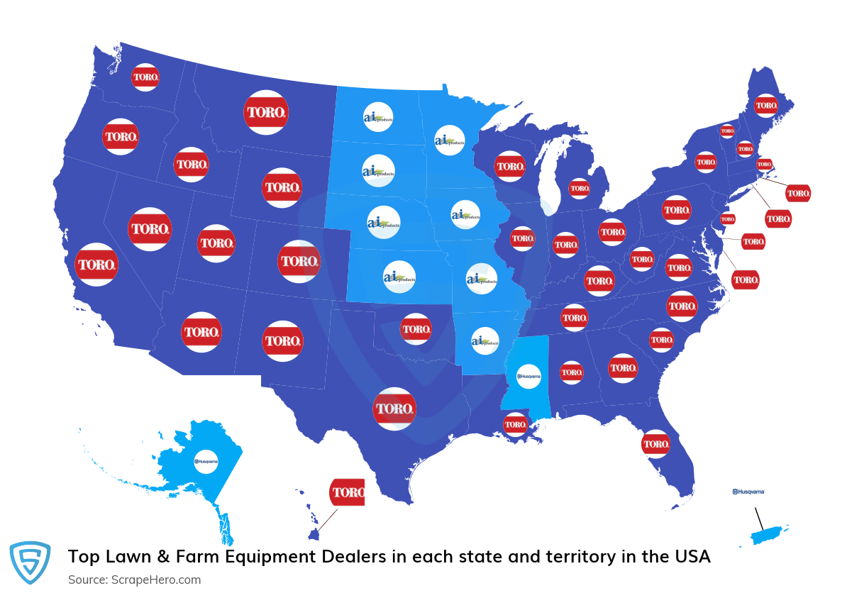 Map of largest lawn & farm equipment dealers in each state and territory in the United States in 2025