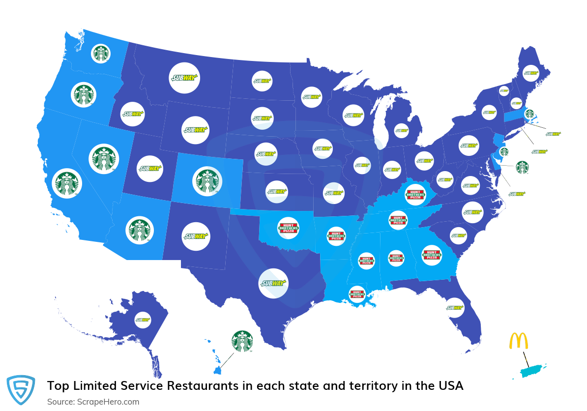Map of top limited service restaurants in each state and territory in the United States in 2025