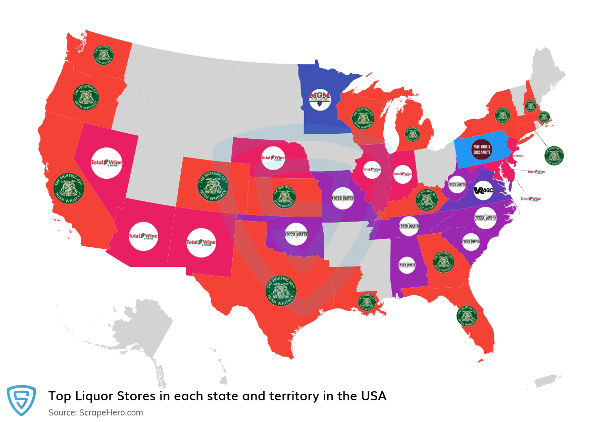 Map of largest liquor stores in each state and territory in the United States in 2025