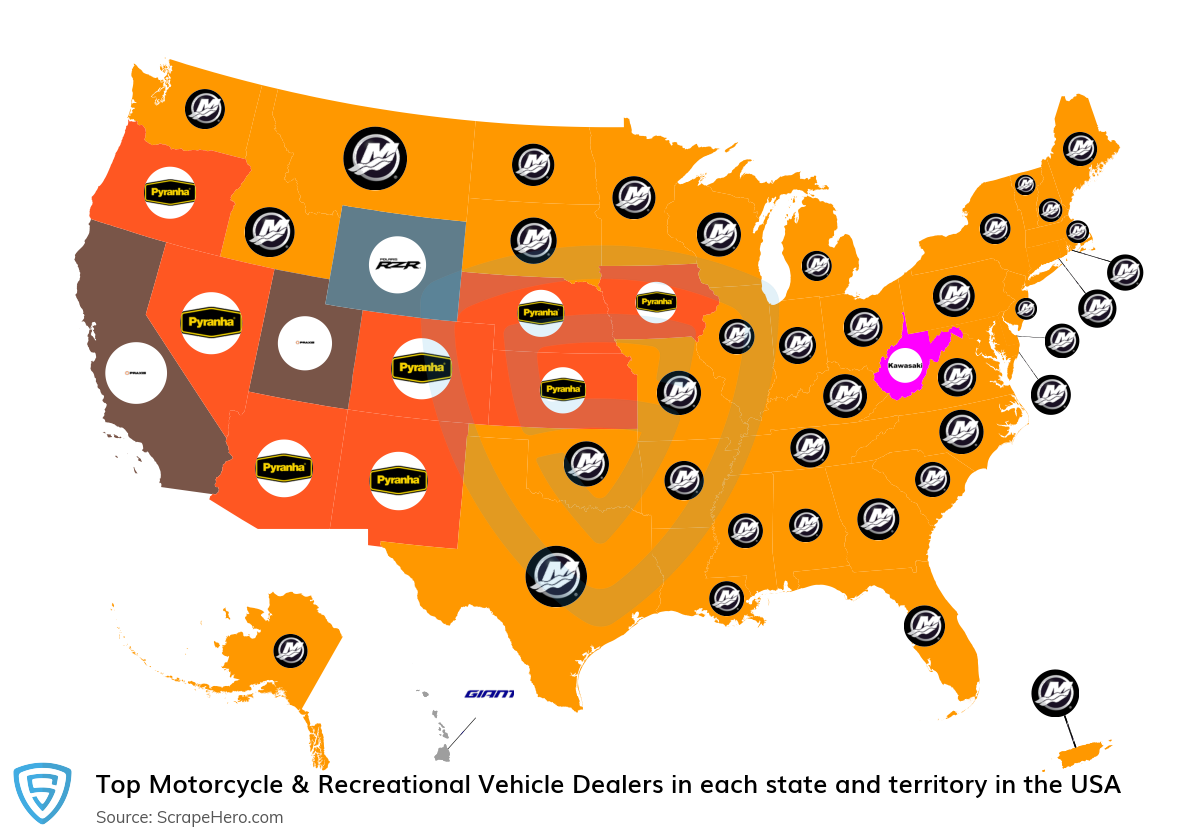 Map of top motorcycle & recreational vehicle dealers in each state and territory in the United States in 2025