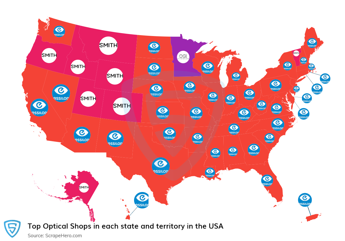 Map of largest optical shops in each state and territory in the United States in 2025