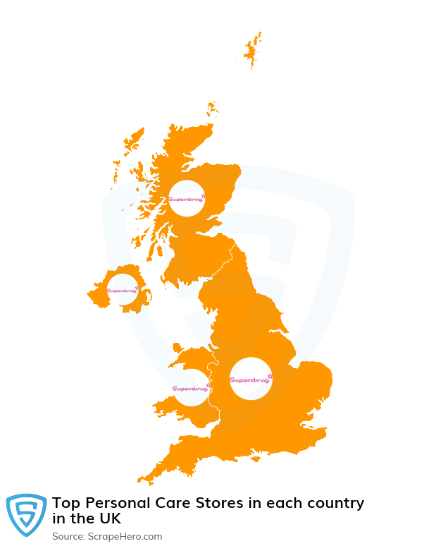 Map of top personal care stores in each country in the United Kingdom in 2025