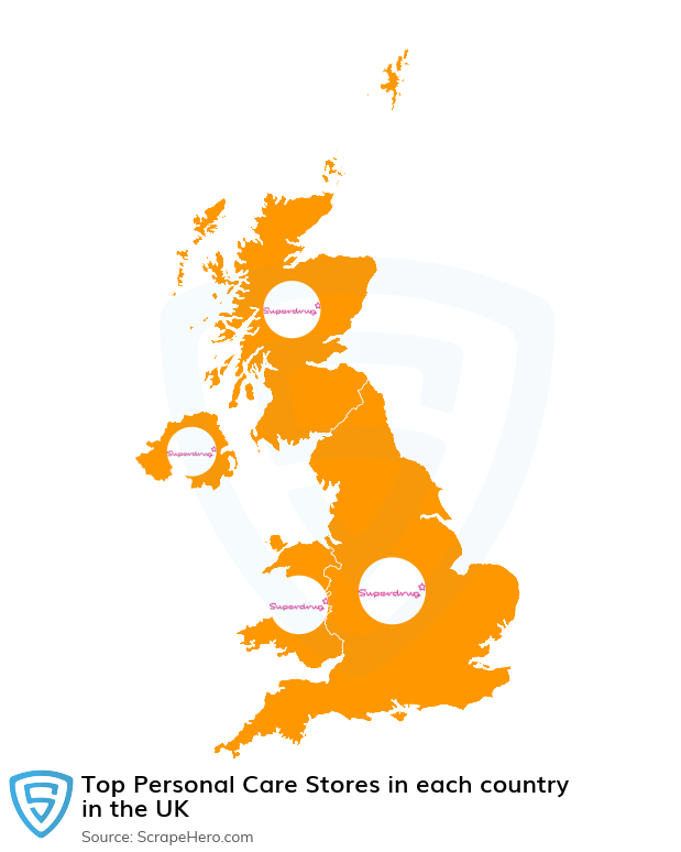 Map of largest personal care stores in each country in the United Kingdom in 2024