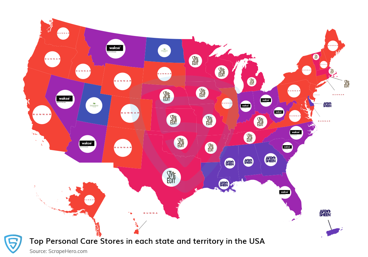 Map of top personal care stores in each state and territory in the United States in 2023
