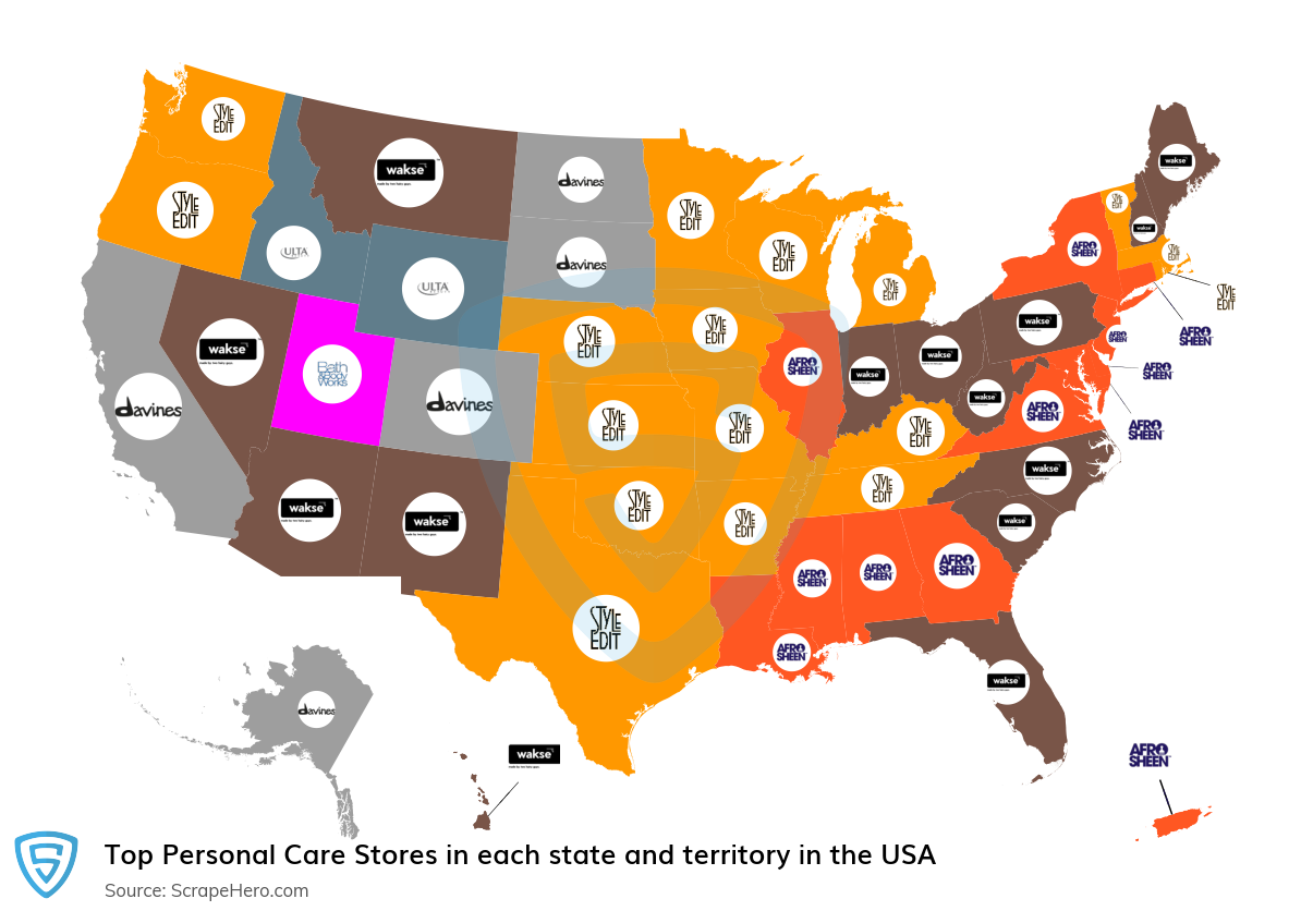 Map of largest personal care stores in each state and territory in the United States in 2024