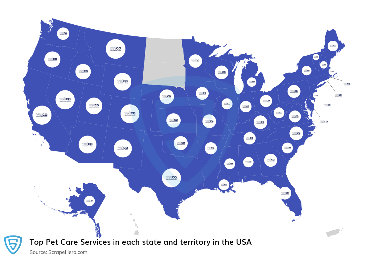 Map of largest pet care services in each state and territory in the United States in 2025