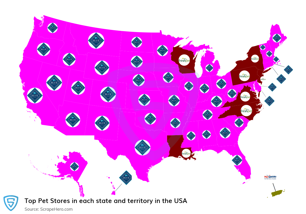 Map of top pet stores in each state and territory in the United States in 2025