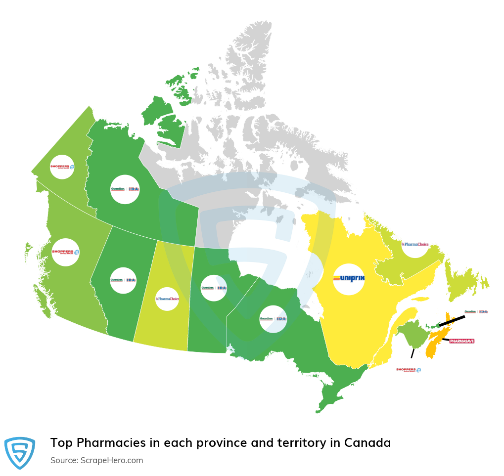 Map of top pharmacies in each province and territory in Canada in 2024