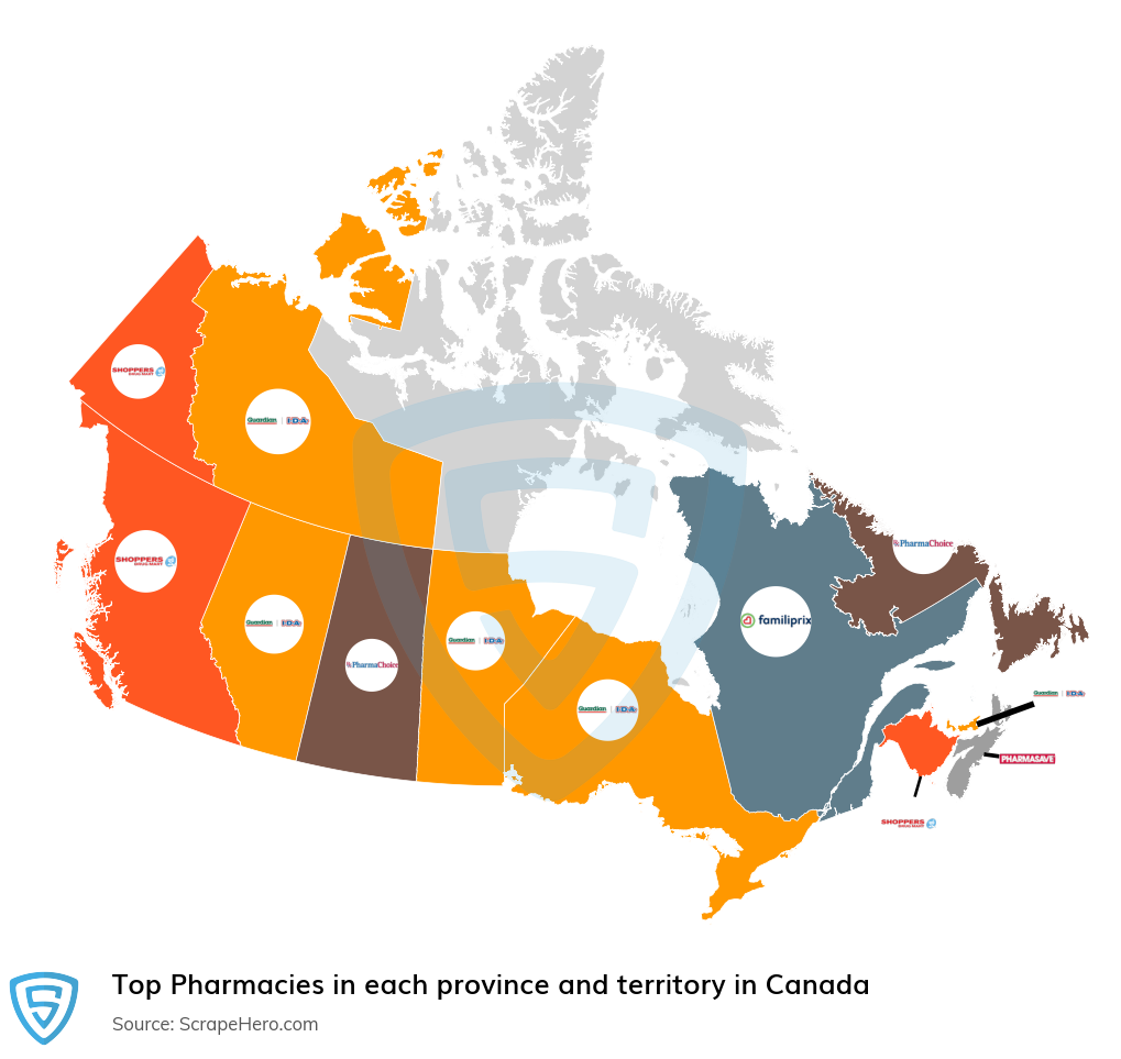 Map of top pharmacies in each province and territory in Canada in 2024