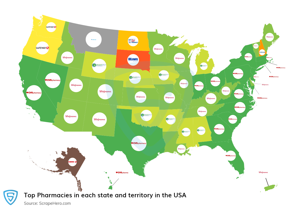 Map of top pharmacies in each state and territory in the United States in 2023