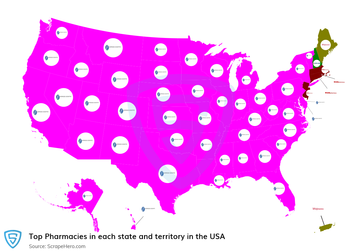 Map of largest pharmacies in each state and territory in the United States in 2024