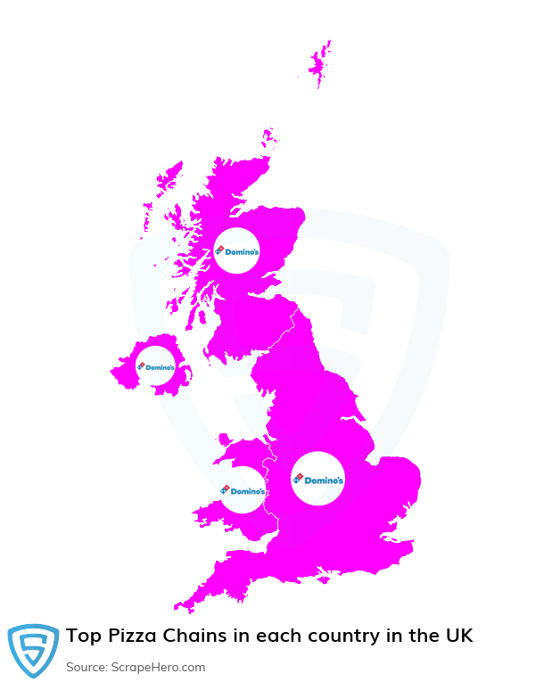 Map of top pizza chains in each country in the United Kingdom in 2025