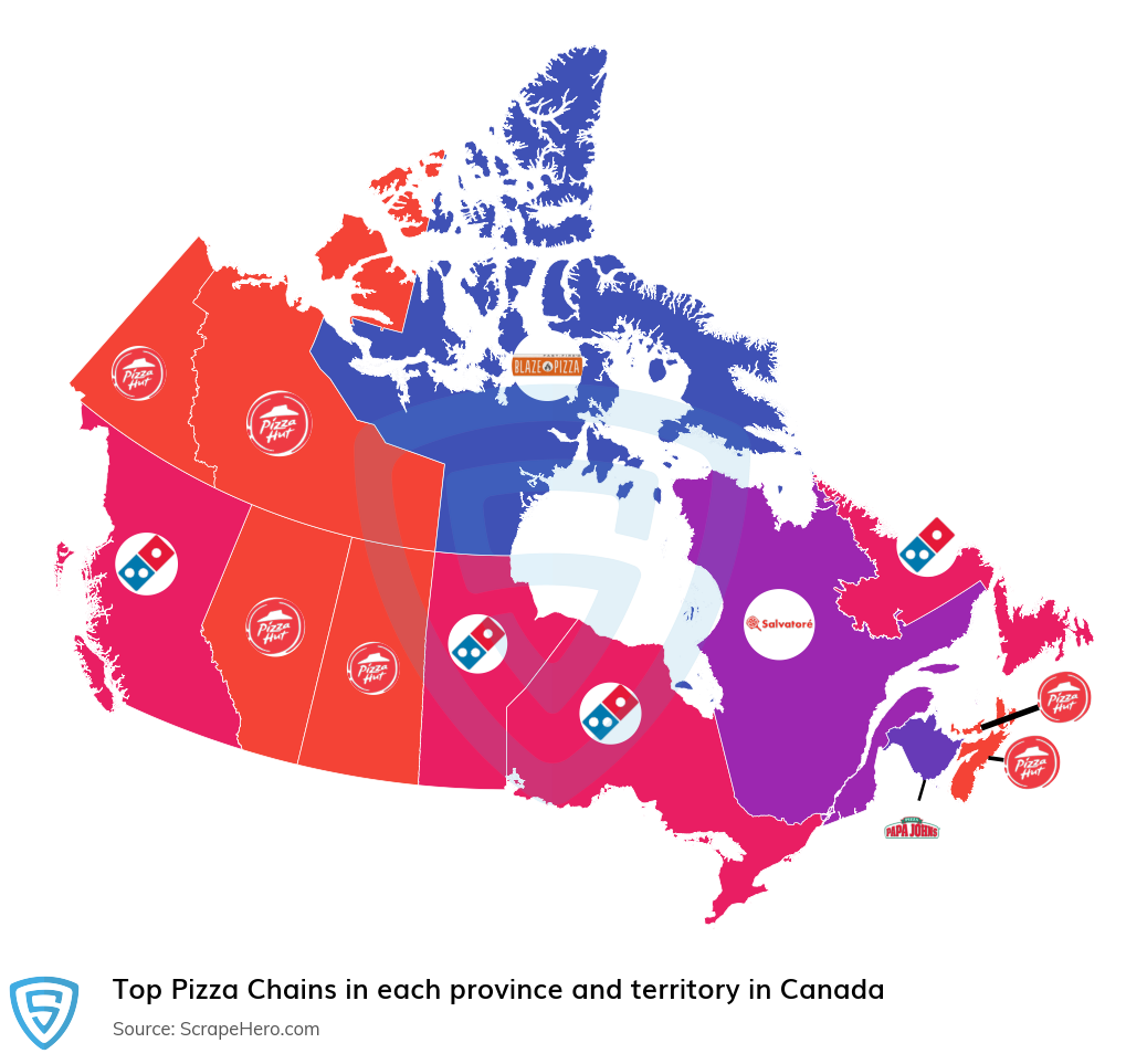 Map of top pizza chains in each province and territory in Canada in 2024