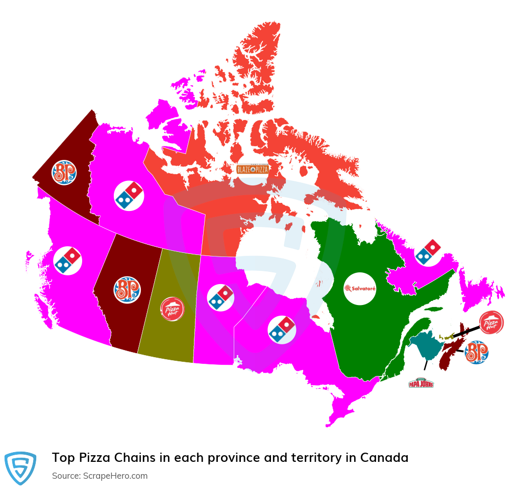 Map of top pizza chains in each province and territory in Canada in 2025