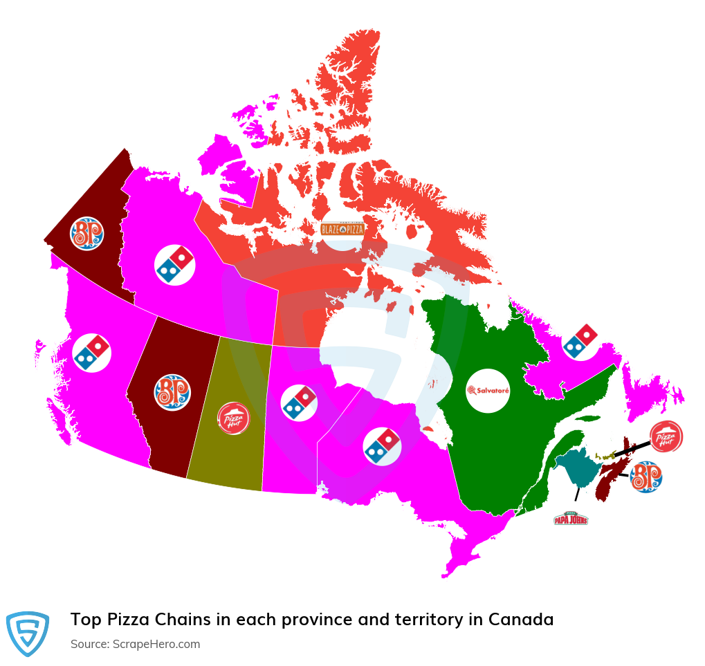 Map of top pizza chains in each province and territory in Canada in 2024