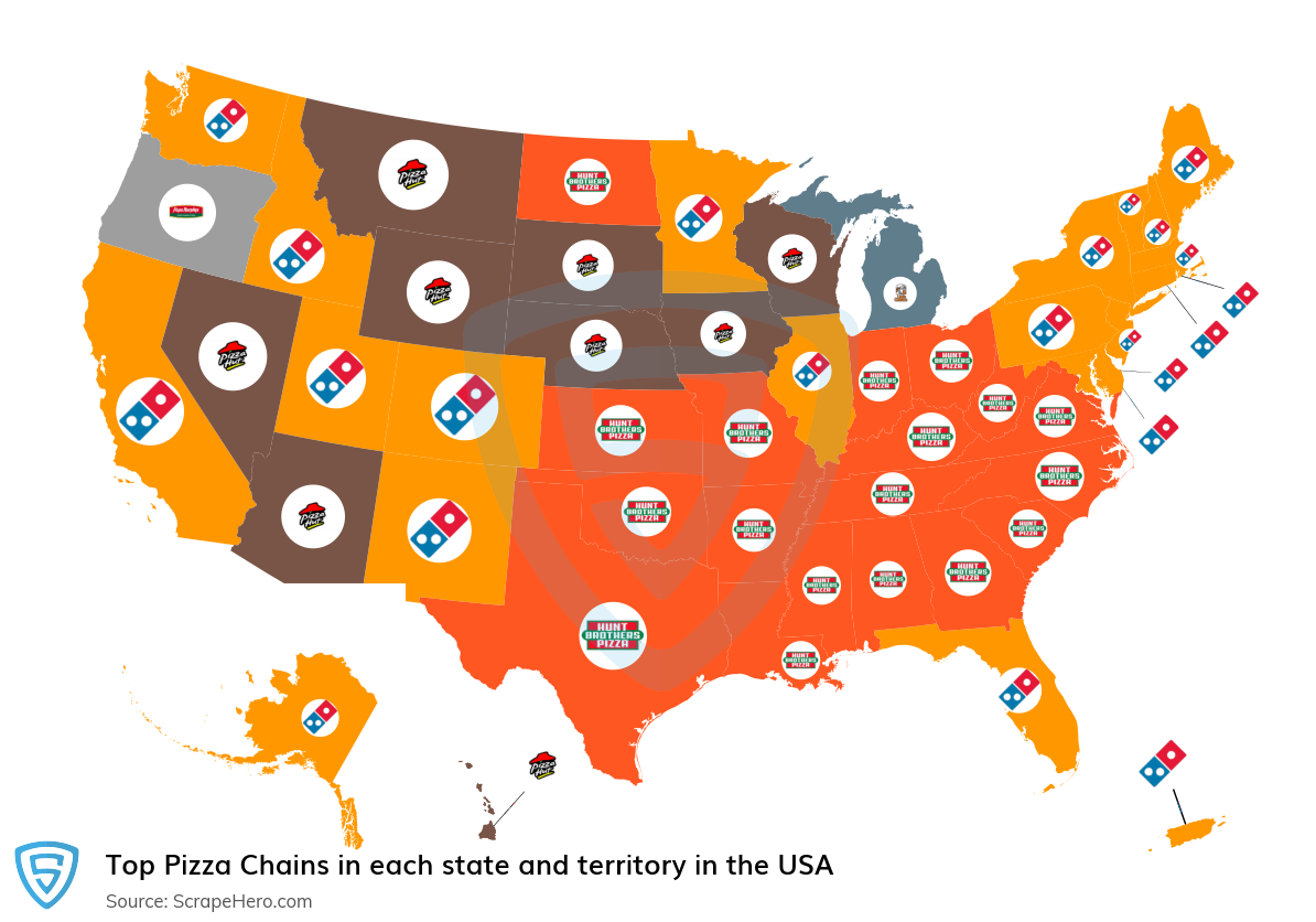 Map of top pizza chains in each state and territory in the United States in 2023