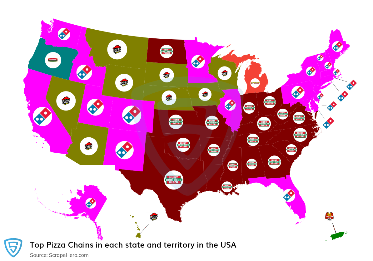 Map of largest pizza chains in each state and territory in the United States in 2024