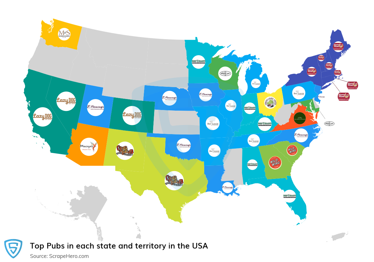 Map of top pubs in each state and territory in the United States in 2025