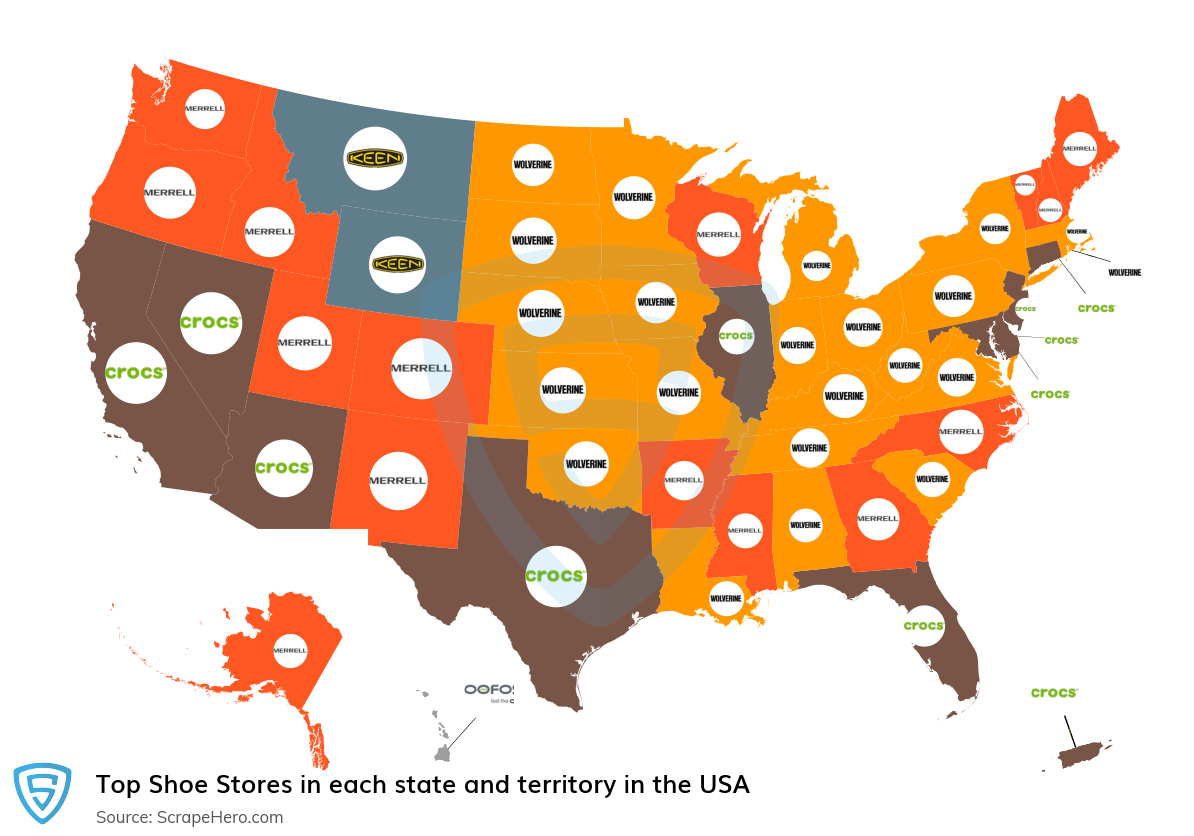 Map of top shoe stores in each state and territory in the United States in 2025