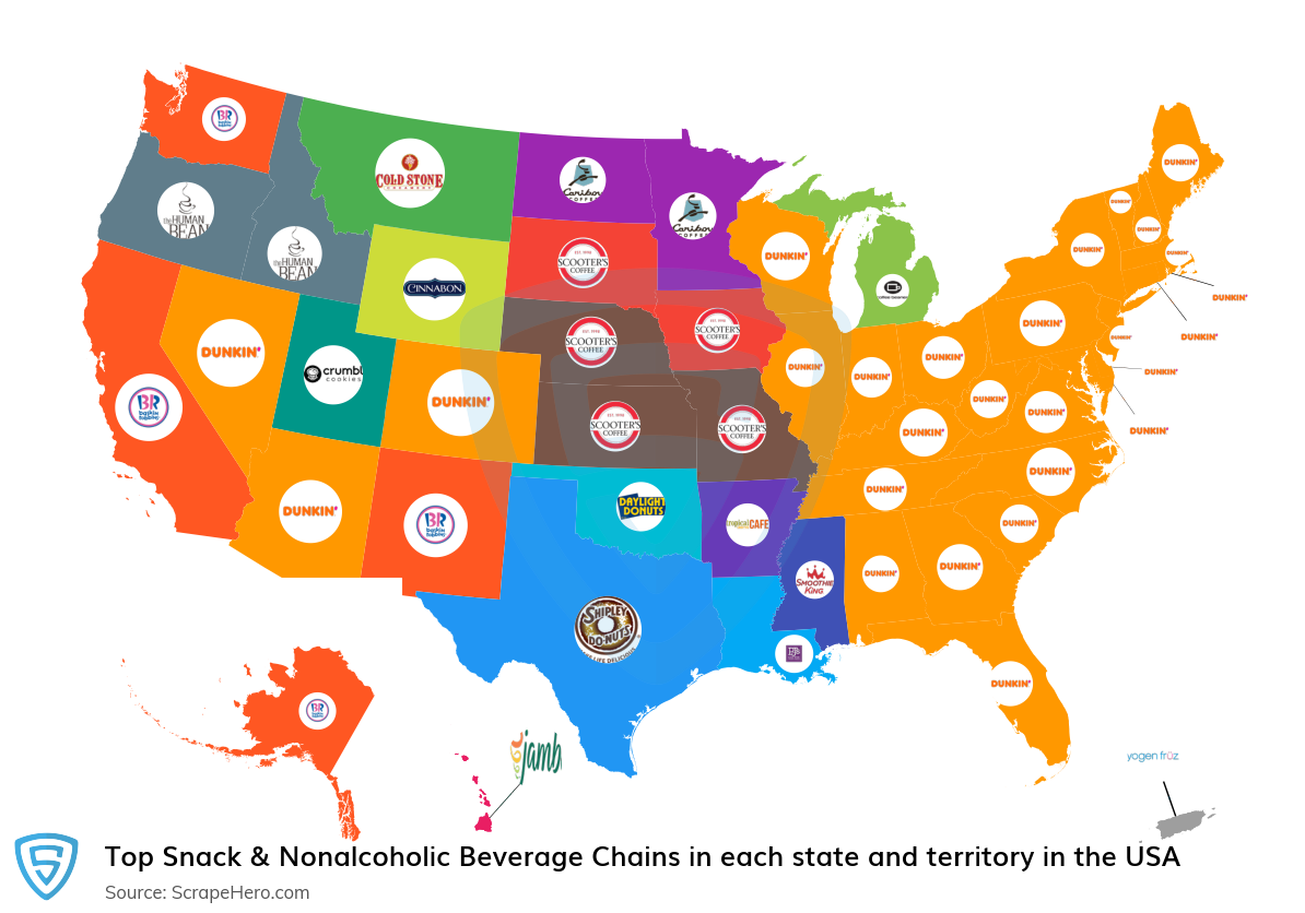 Map of top snack & nonalcoholic beverage chains in each state and territory in the United States in 2025