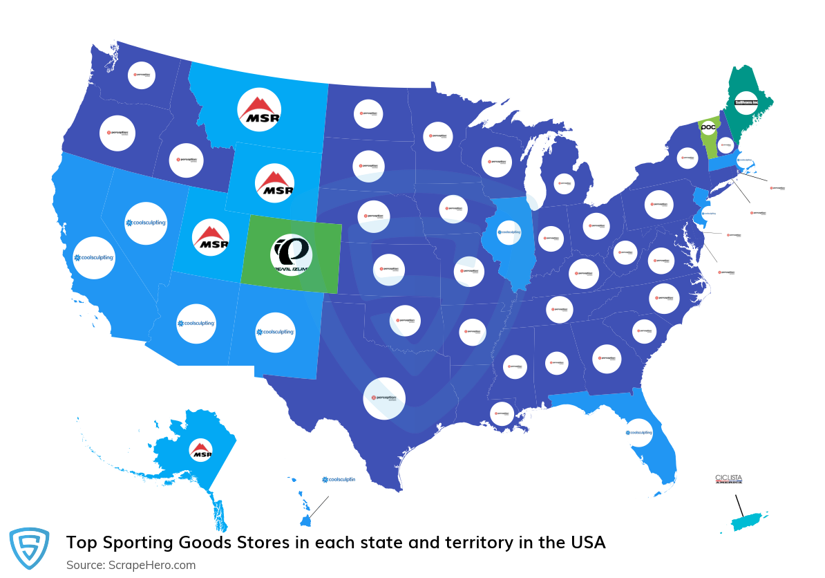 Map of largest sporting goods stores in each state and territory in the United States in 2025