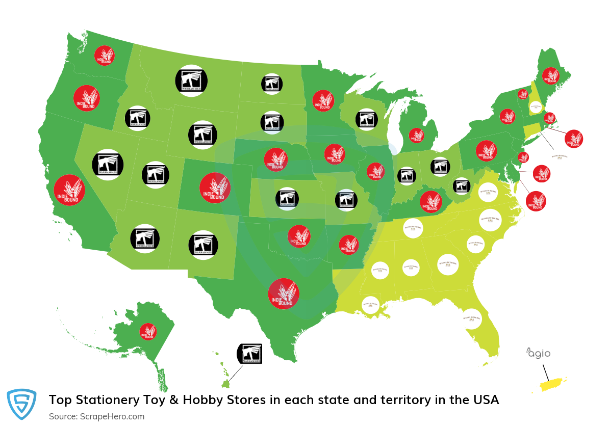 Map of largest stationery toy & hobby stores in each state and territory in the United States in 2025