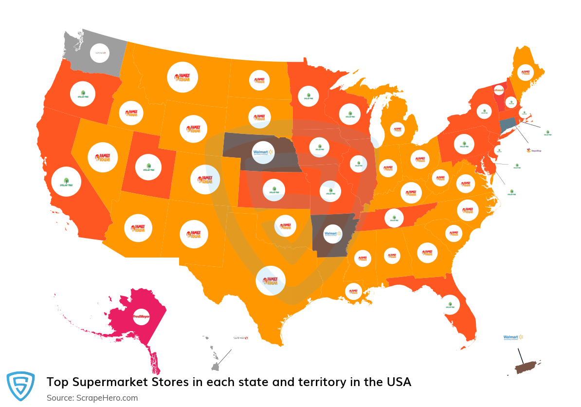 Map of largest supermarket stores in each state and territory in the United States in 2022