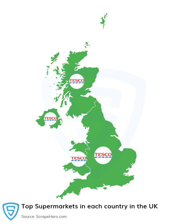 Map of top supermarkets in each country in the United Kingdom in 2024