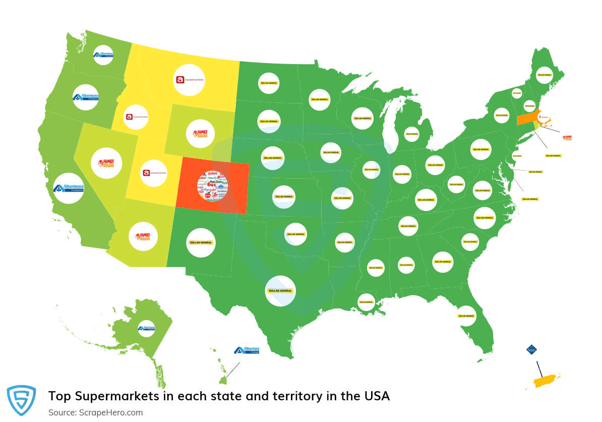 Map of top supermarkets in each state and territory in the United States in 2024