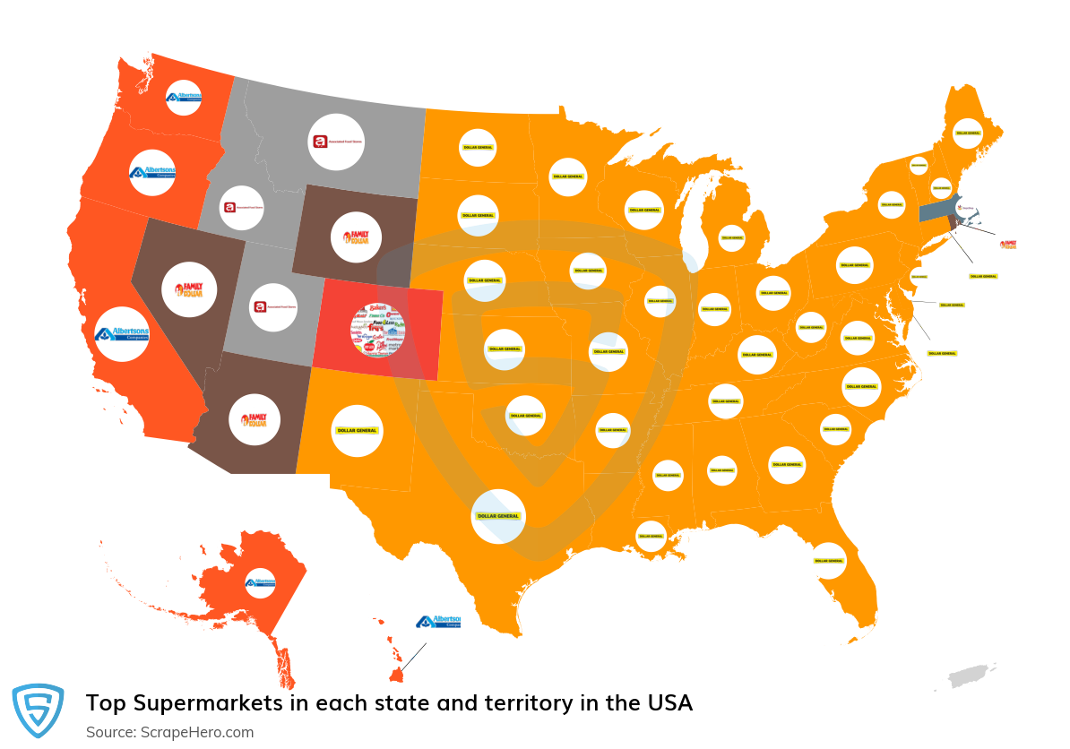 Map of largest supermarkets in each state and territory in the United States in 2024