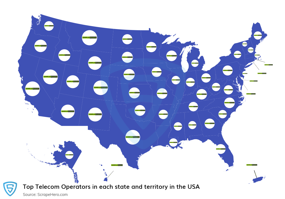 Map of largest telecom operators in each state and territory in the United States in 2025