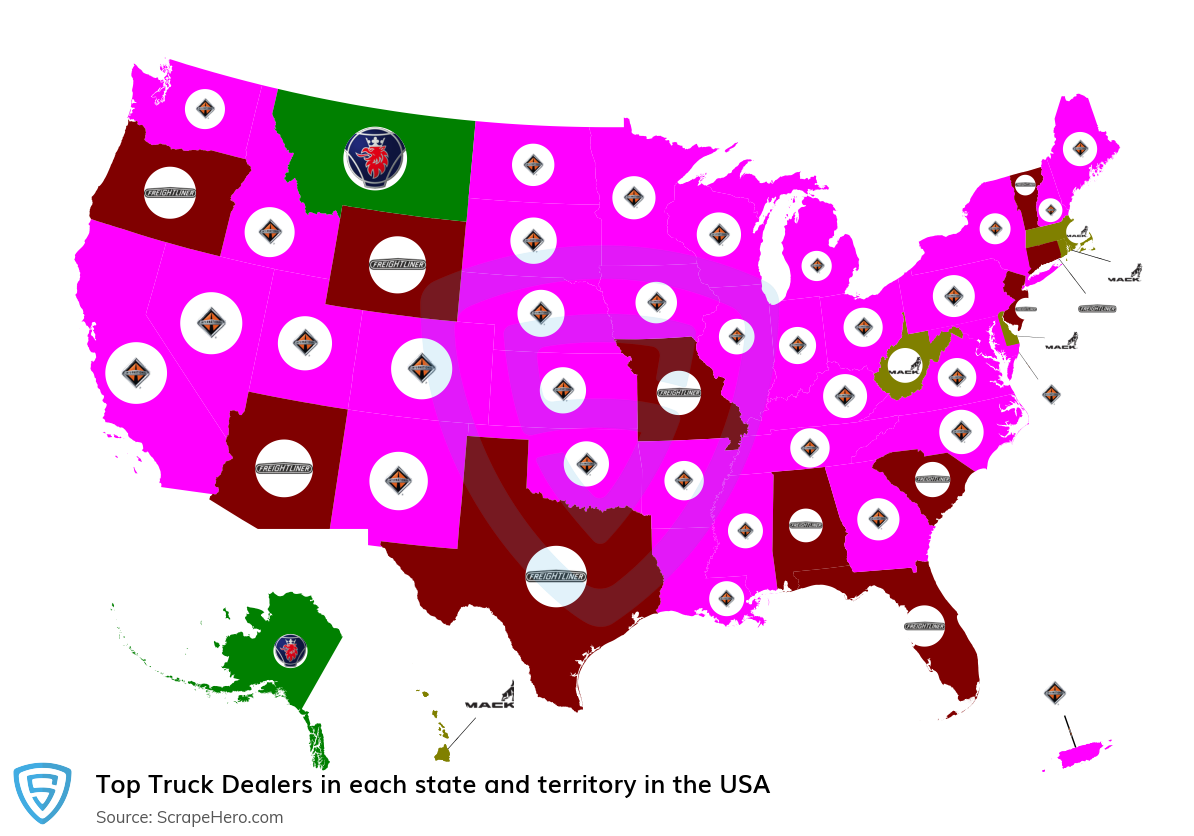 Map of largest truck dealers in each state and territory in the United States in 2025