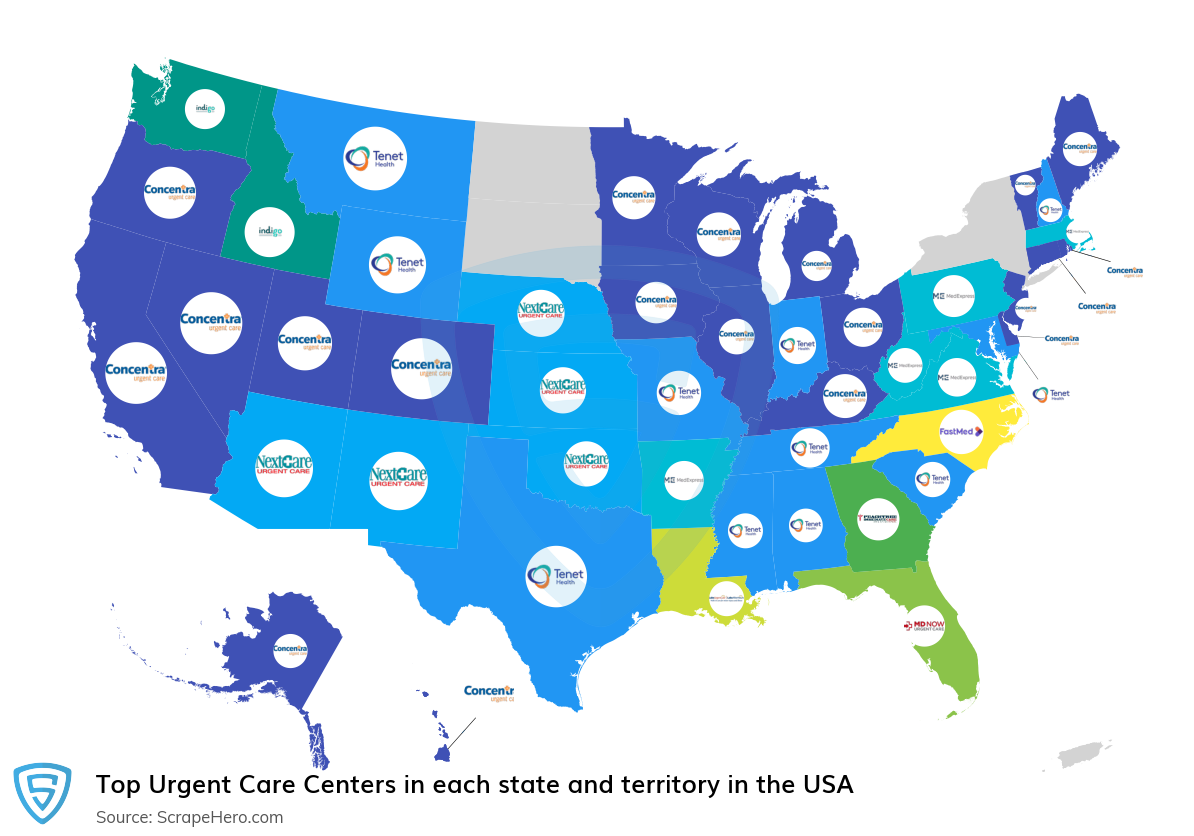 Map of largest urgent care centers in each state and territory in the United States in 2025