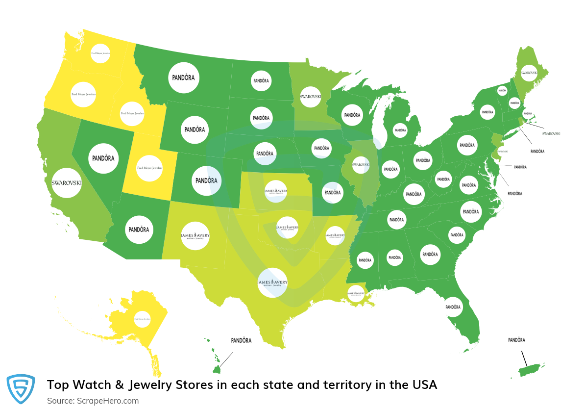 Map of top watch & jewelry stores in each state and territory in the United States in 2025