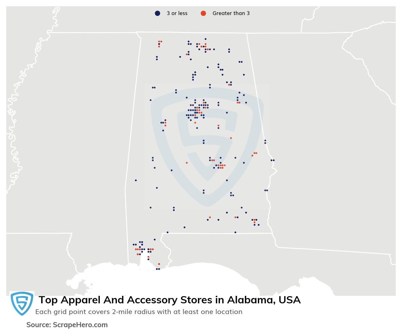 Map of 10 Largest apparel & accessory stores in Alabama in 2025 Based on Locations