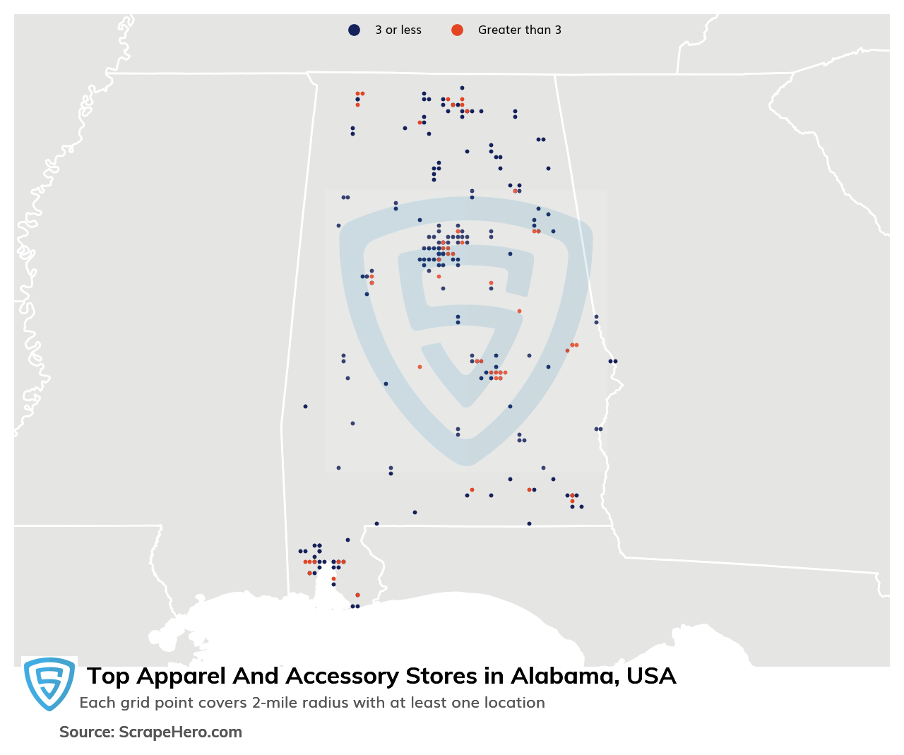 Map of top apparel & accessory stores in Alabama in 2024