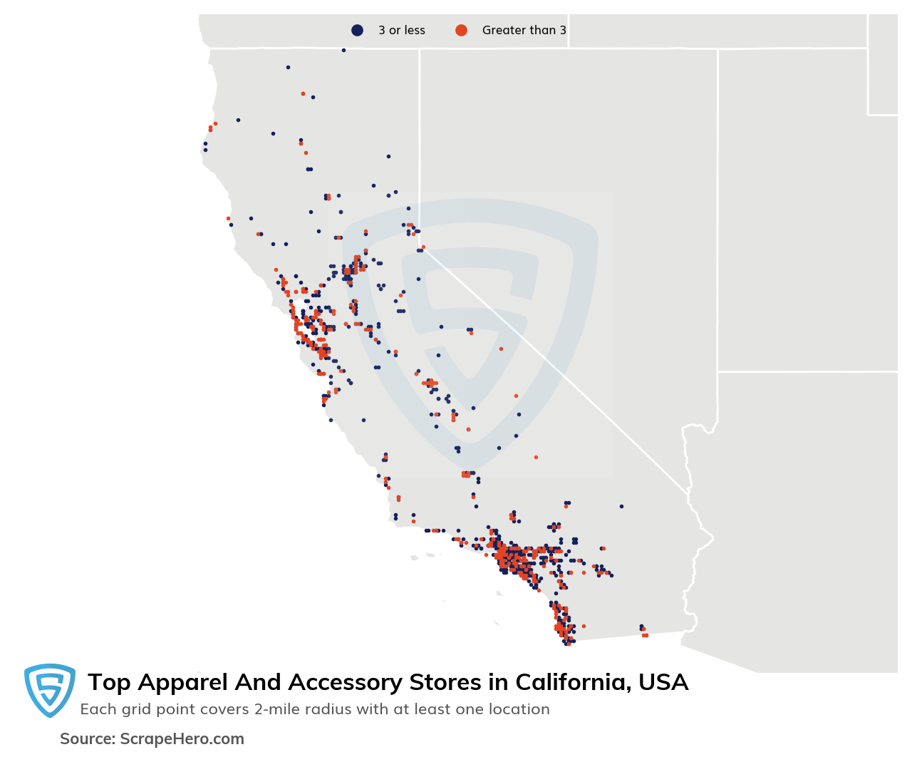 Map of 10 Largest apparel & accessory stores in California in 2025 Based on Locations