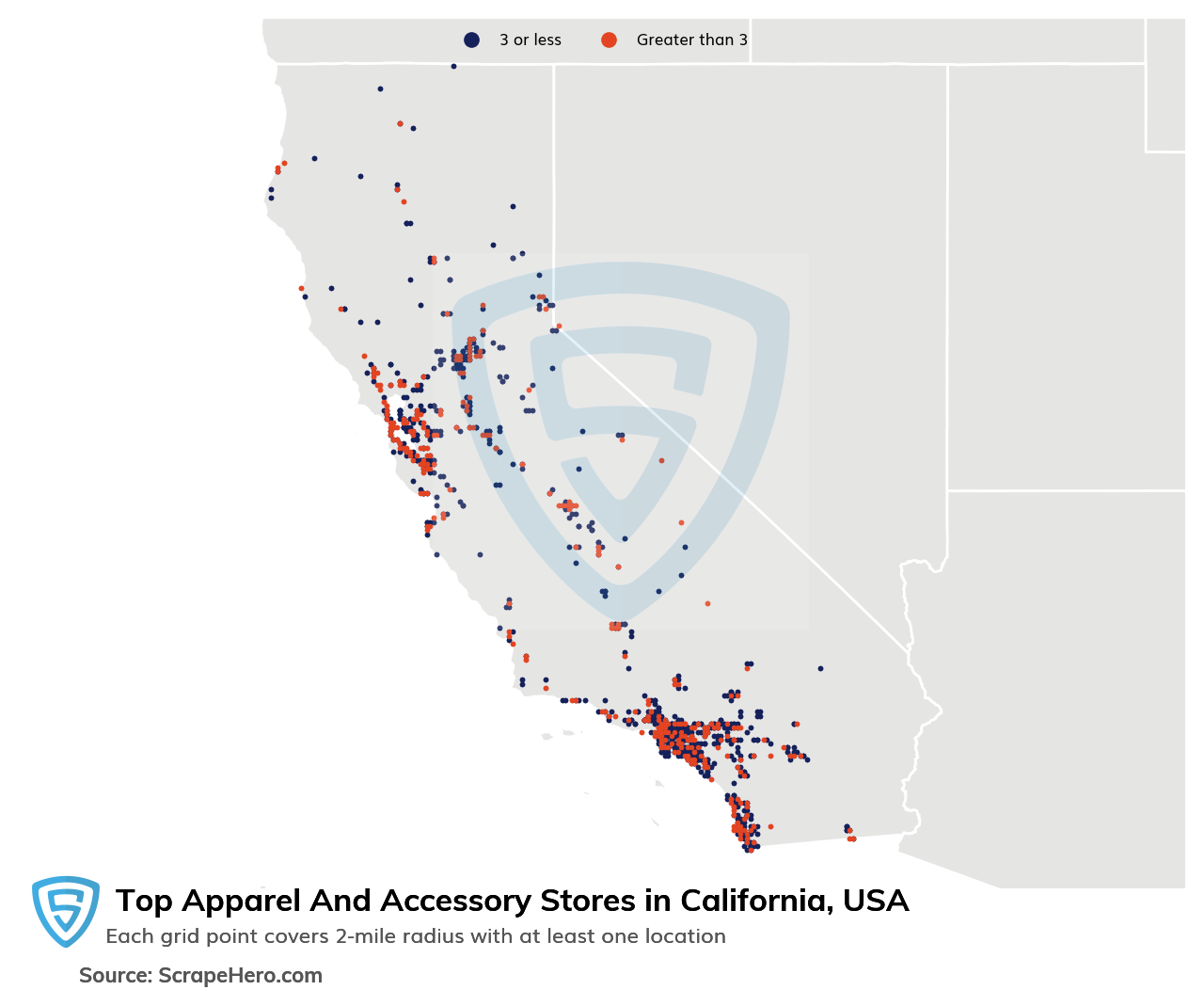 Map of top apparel & accessory stores in California in 2022