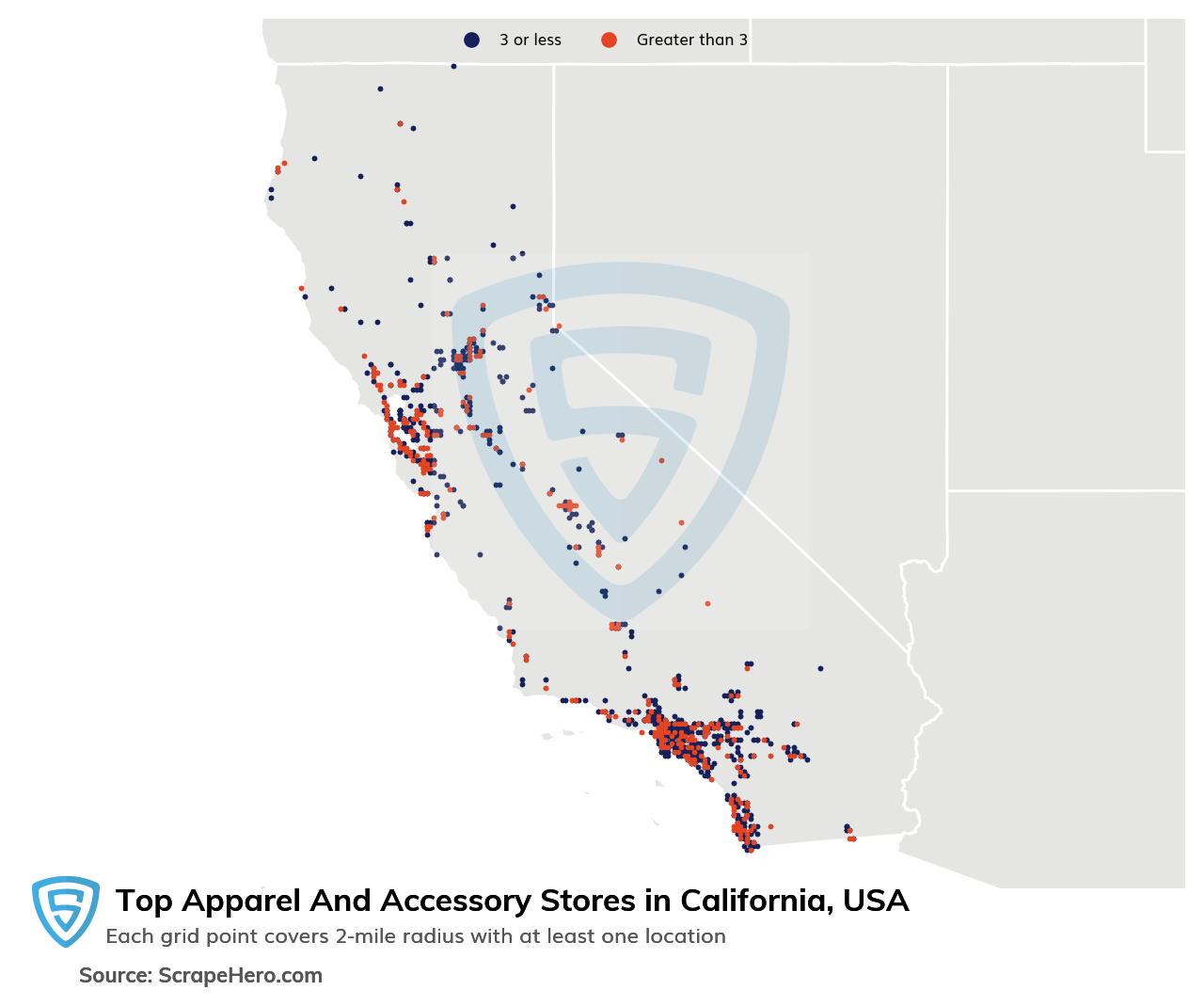 Map of top apparel & accessory stores in California in 2024